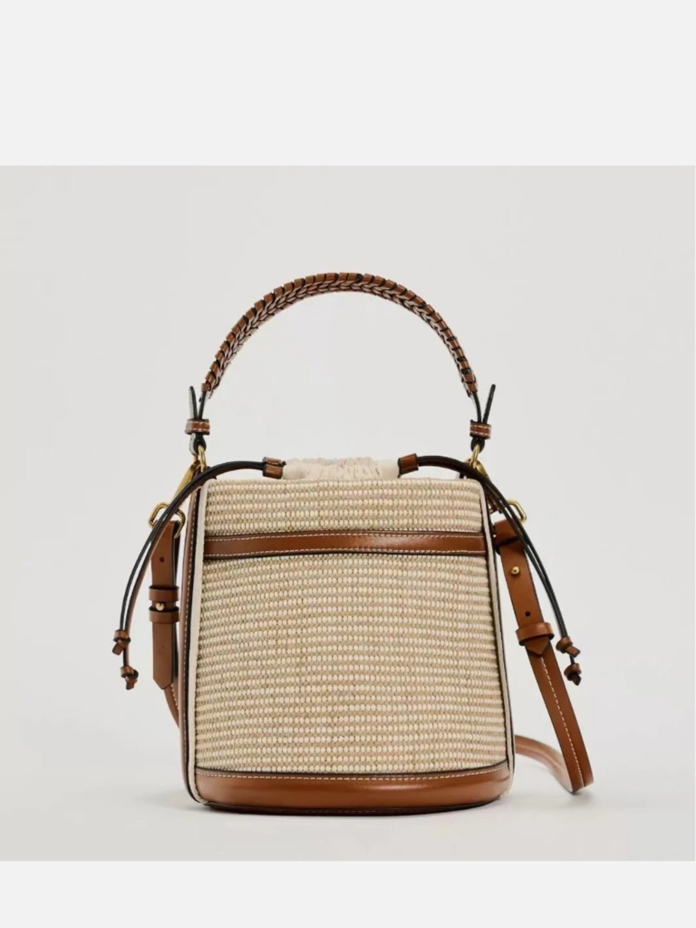 Zara Cream Woven Bucket Bag with Brown Leather Trim